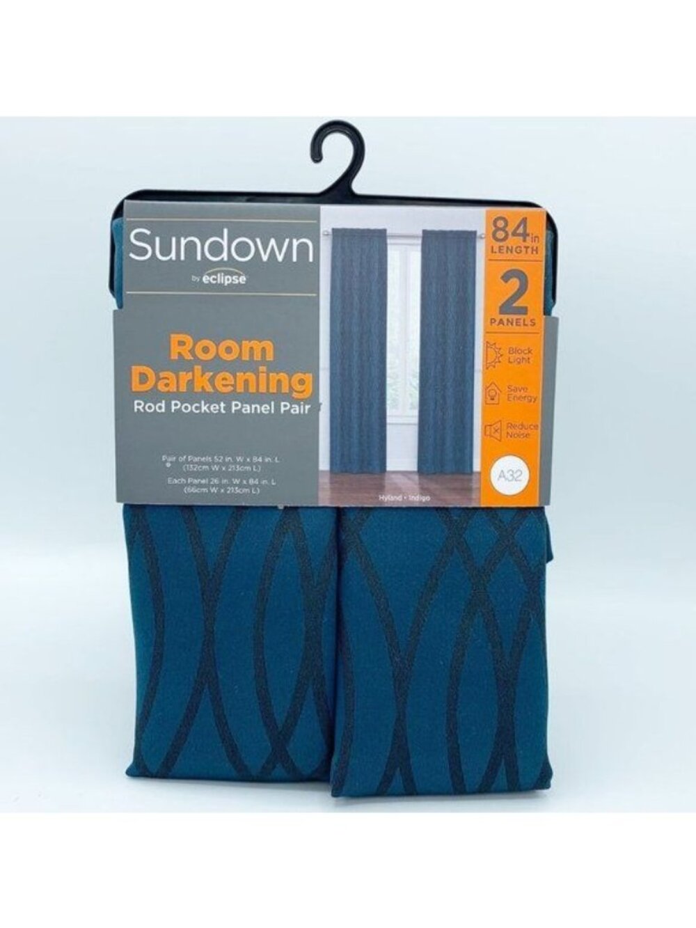 NEW IN PKG SUNDOWN BY ECLIPSE ROOM DARKENING BLUE PATTERN 84 IN 2 PANEL CURTAINS